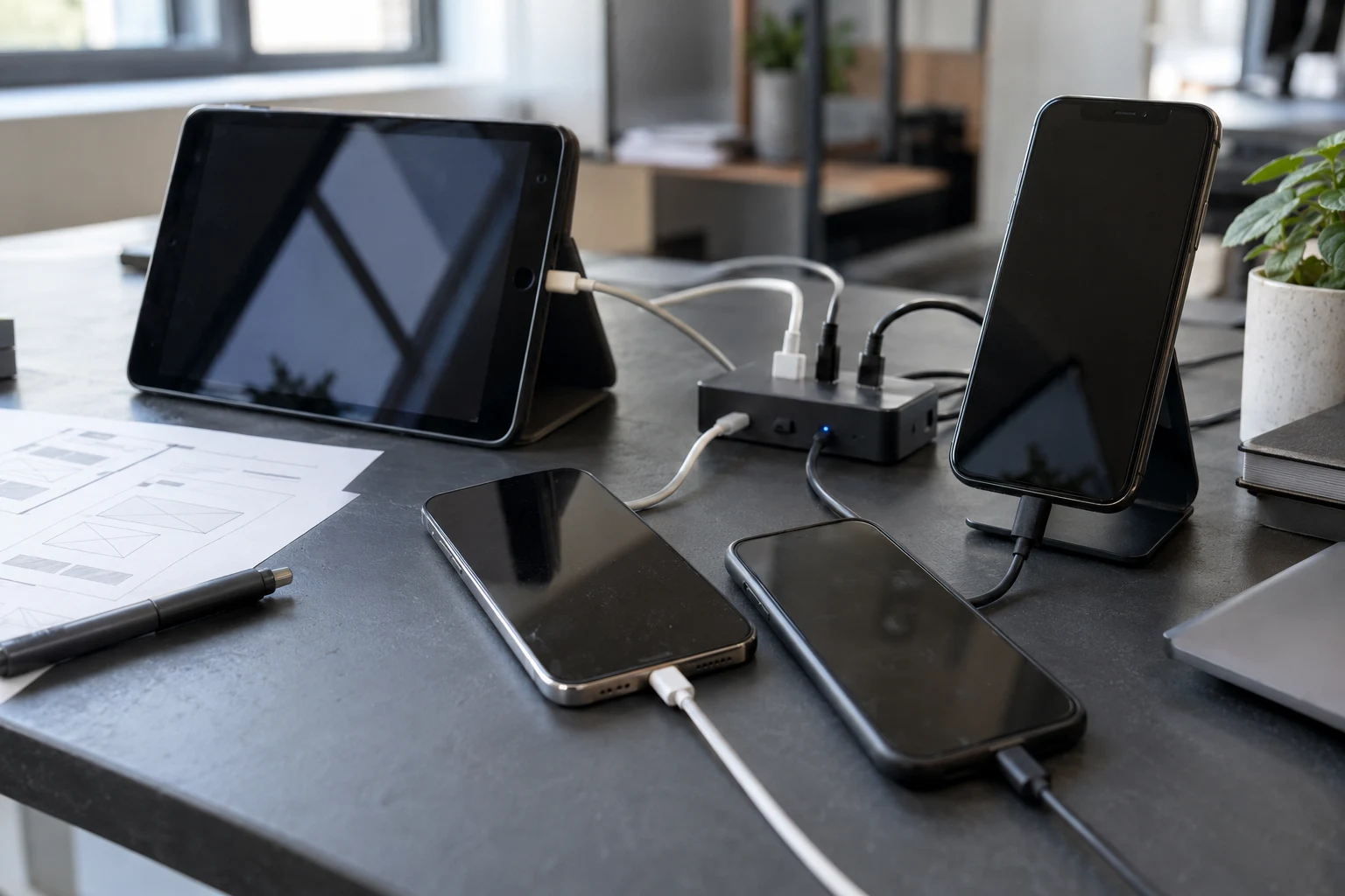 Mobile app testing bench with phones, tablet and charging cables