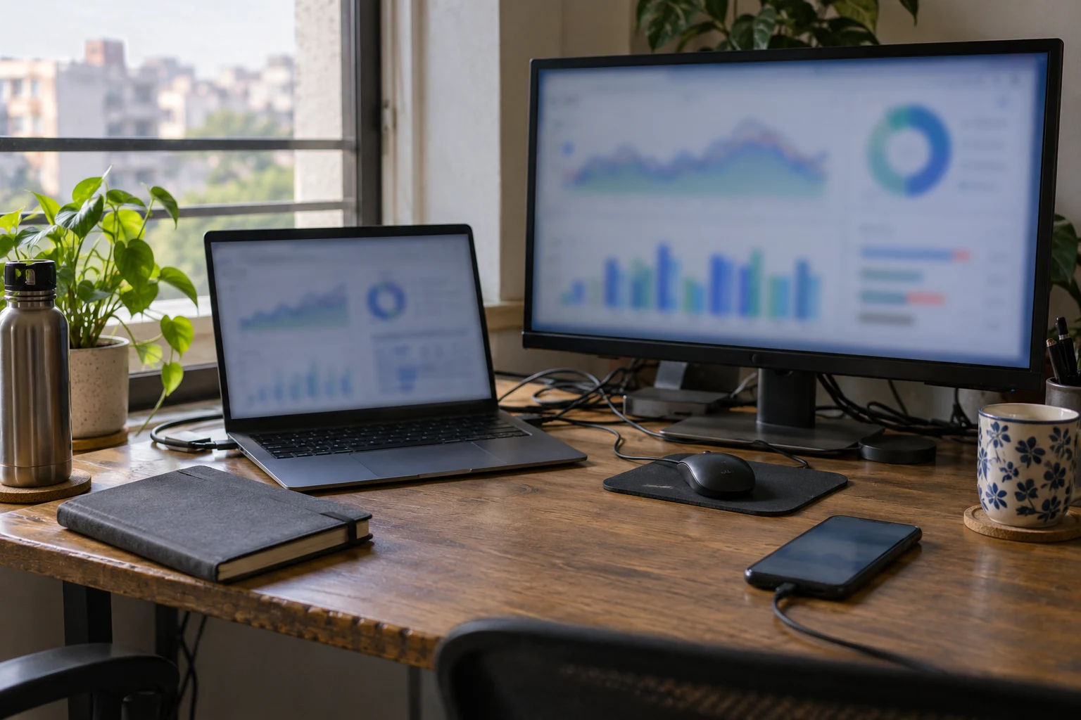 Performance analyst workspace with laptop, monitor and test phone