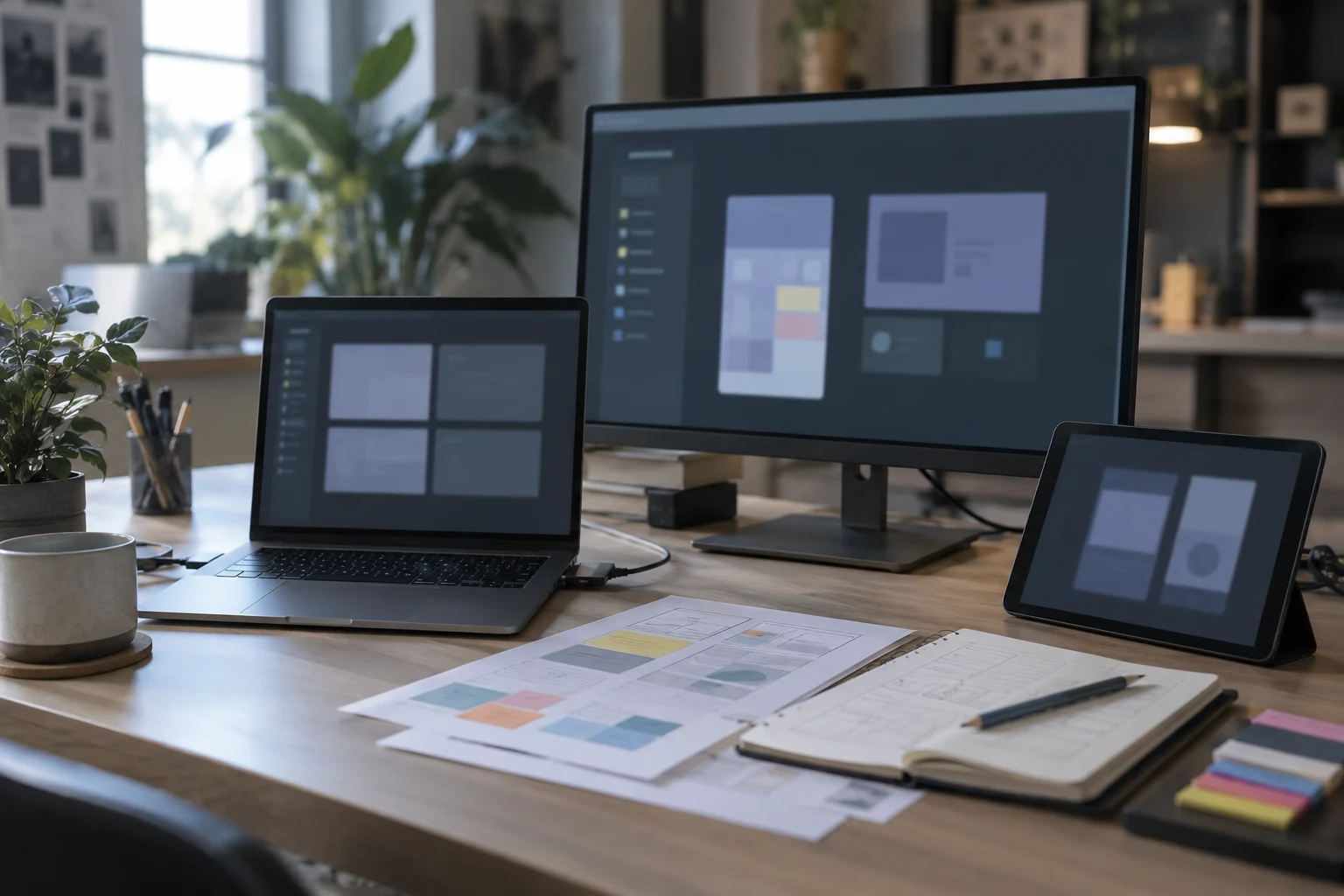 Product design workstation with laptop, tablet and user-flow cards