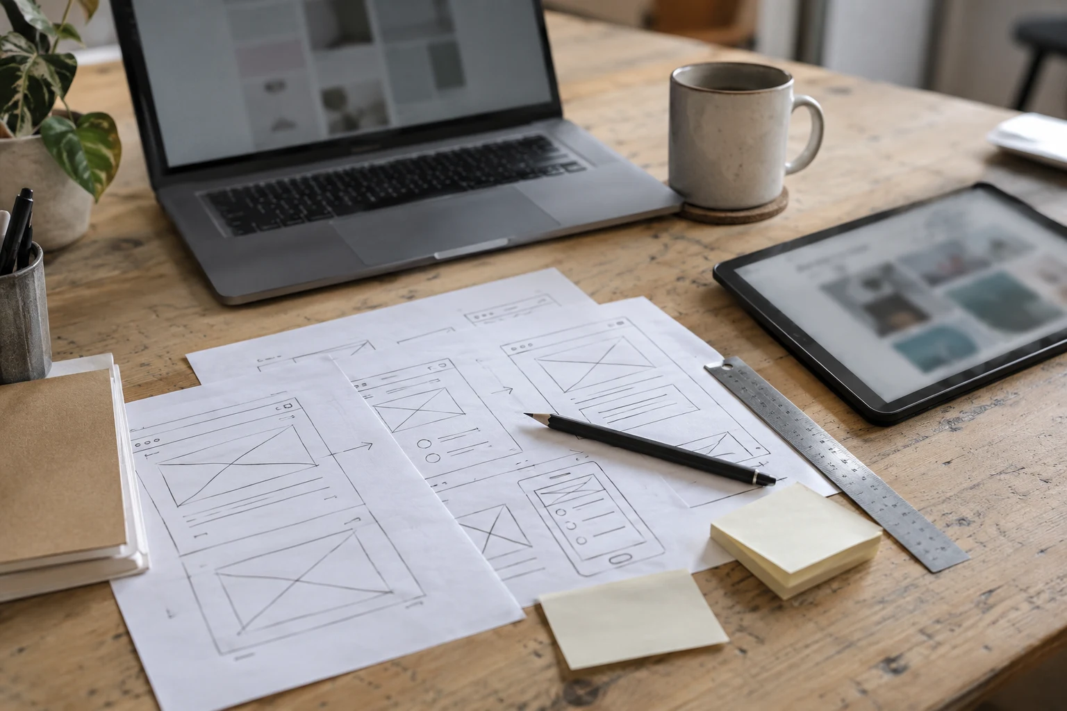 Product design workshop with paper wireframes, tablet and laptop